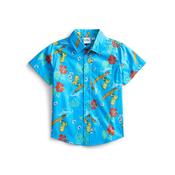 The Simpsons Boys Graphic Button Up Resort Shirt with Short Sleeves, Sizes 4-18