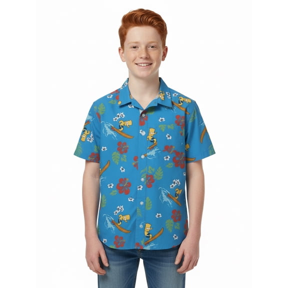 The Simpsons Boys Graphic Button Up Resort Shirt with Short Sleeves, Sizes 4-18