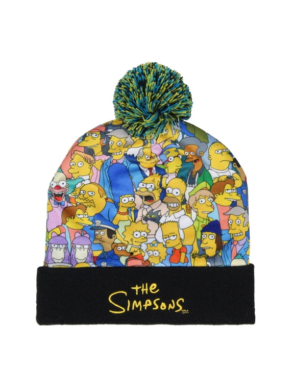 Character Collage Embroidered Logo Fold Cuff Pom Top Adult Knit Beanie