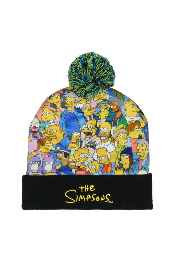 The Simpsons Character Collage Embroidered Logo Fold Cuff Pom Top Adult Knit Beanie