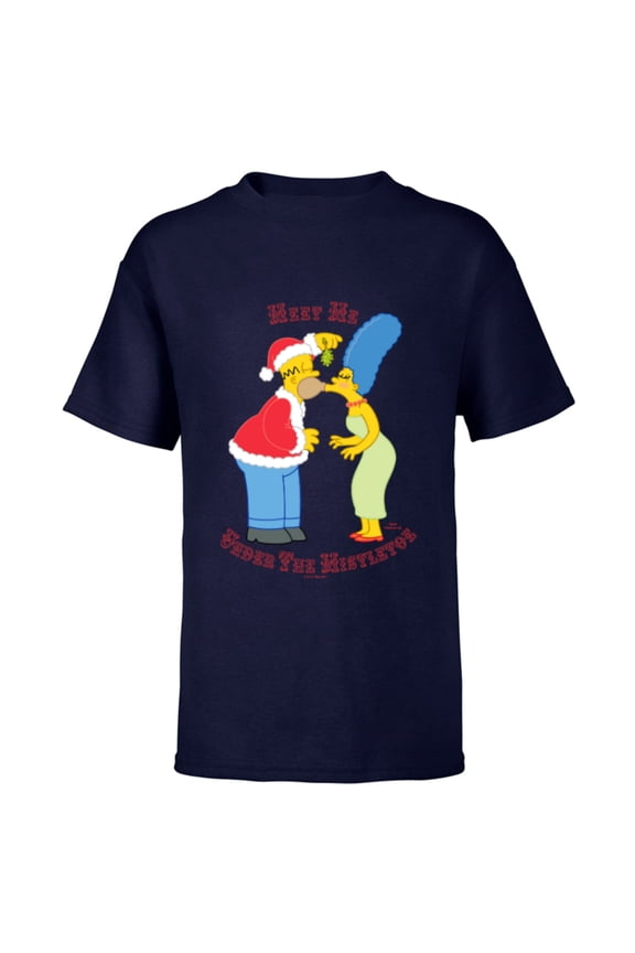 Homer Marge Christmas Meet Under the Mistletoe - Short Sleeve T-Shirt for Kids - Customized-Navy