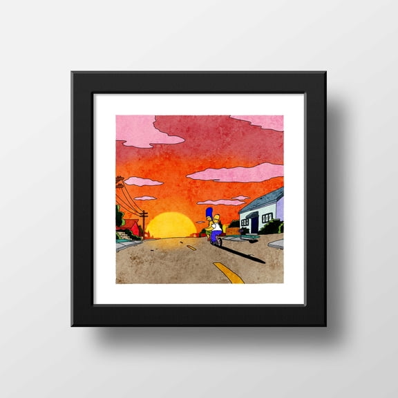 The Simpsons Homer and Marge Sunset, Watercolor Illustration Wall Art, Scenic Simpsons | 21x21cm
