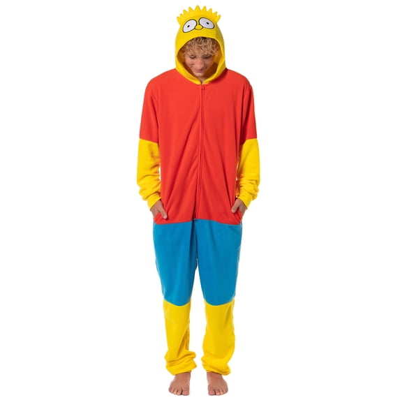 The Simpsons Hooded Union Suit - Men's Bart Simpson One Piece Character Costume Fleece Pajama Footless Sleeper for Men & Women