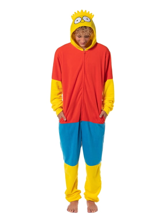 The Simpsons Hooded Union Suit - Men's Bart Simpson One Piece Character Costume Fleece Pajama Footless Sleeper for Men & Women