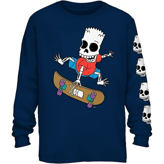 The Simpsons Men's Long Sleeve Shirt, Graphic Print Skeleton Skater Shirt Navy - XL