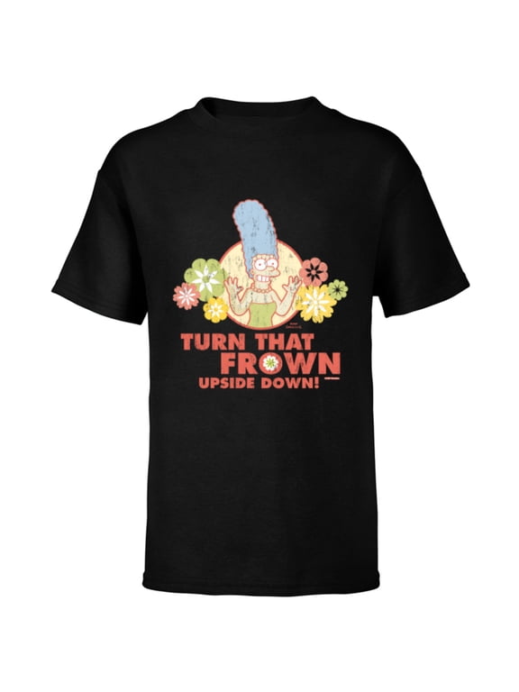 Marge Simpson Turn That Frown Upside Down Retro - Short Sleeve T-Shirt for Kids - Customized-Black