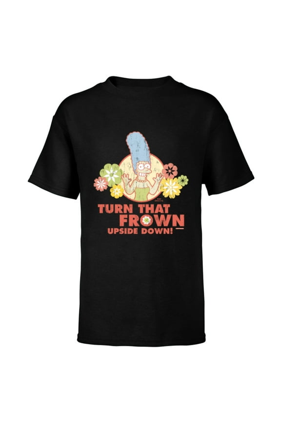 Marge Simpson Turn That Frown Upside Down Retro - Short Sleeve T-Shirt for Kids - Customized-Black