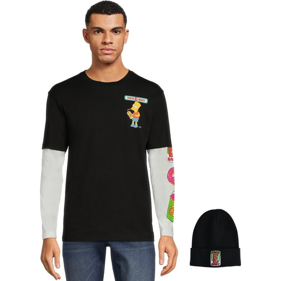 The Simpsons Men's and Big Men's Long Sleeve Graphic T-Shirt and Beanie Hat Gift Set, Sizes S-3XL