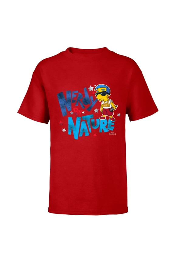 Milhouse Nerdy By Nature - Short Sleeve T-Shirt for Kids – Customized-Red