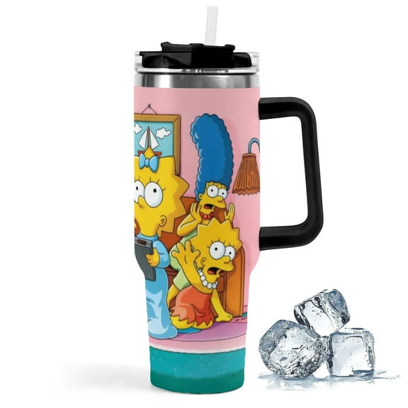 The Simpsons-theme Insulated Stainless Steel Tumbler with Handle Gifts For Family Friends Fans and Straw Fits in Standard Cup Holder 40 OZ