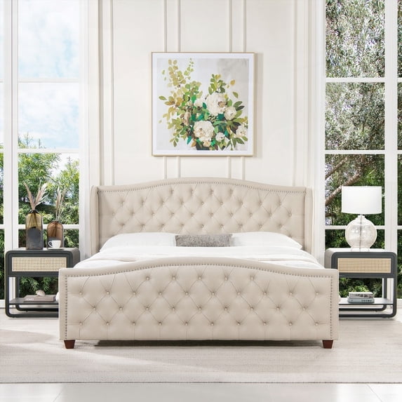 The Sky Neutral Beige Polyester Fontana Wingback Platform Bed Frame Has a 51-Inch Tall Headboard and Air-Circulating Feature