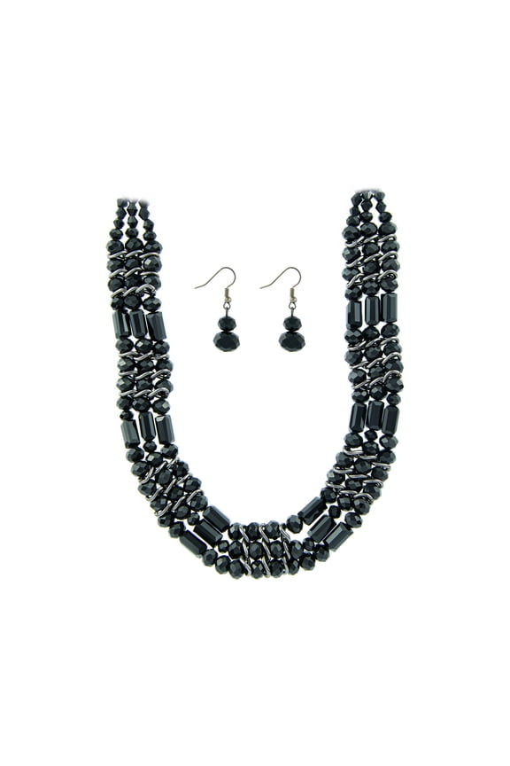 Black Crystal Layered Beaded Necklace and Earring Set