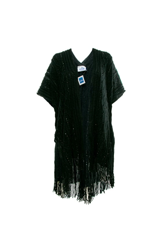 Black Knit Poncho Cardigan with Sequins, One Size