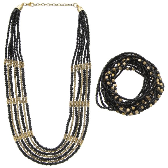 The Skyline Collection Black and Gold Layered Beaded Necklace and Bracelet Set