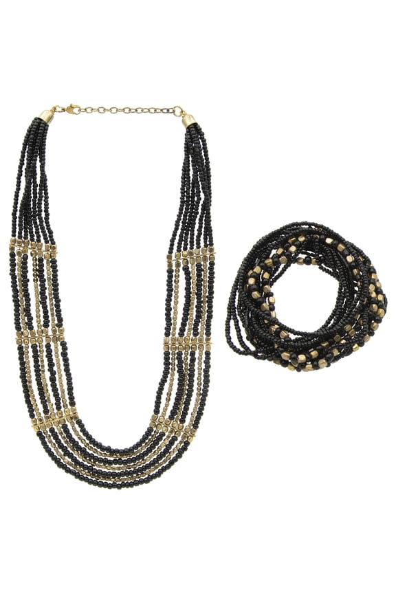 Black and Gold Layered Beaded Necklace and Bracelet Set