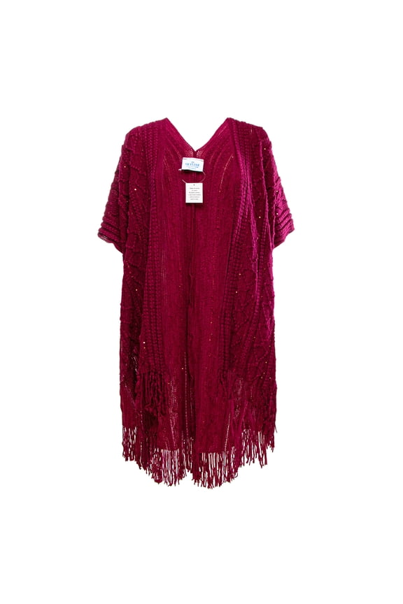 Red Knit Poncho Cardigan with Sequins, One Size