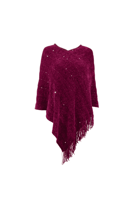 Women's Chenille Poncho w/ Sequins in Burgundy, One Size