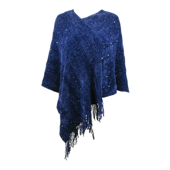 The Skyline Collection Women's Chenille Poncho w/Sequins in Navy Blue, One Size