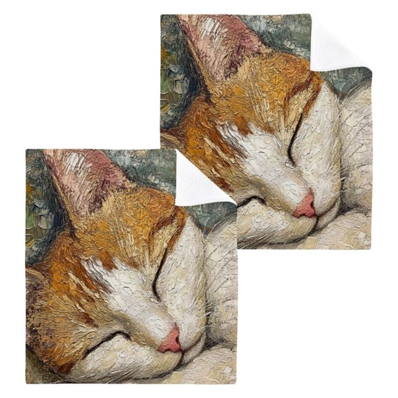 The Sleeping Orange Cat 100% Cotton Face Towel 12x12in Soft Absorbent Washcloth Durable Printed Hand Towels for Bathroom Travel 2 Pcs