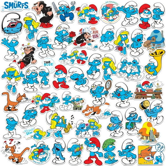 The Smurfs 50ct Vinyl Large Deluxe Stickers Variety Pack - Laptop, Water Bottle, Scrapbooking, Tablet, Skateboard, Indoor/Outdoor - Set of 50