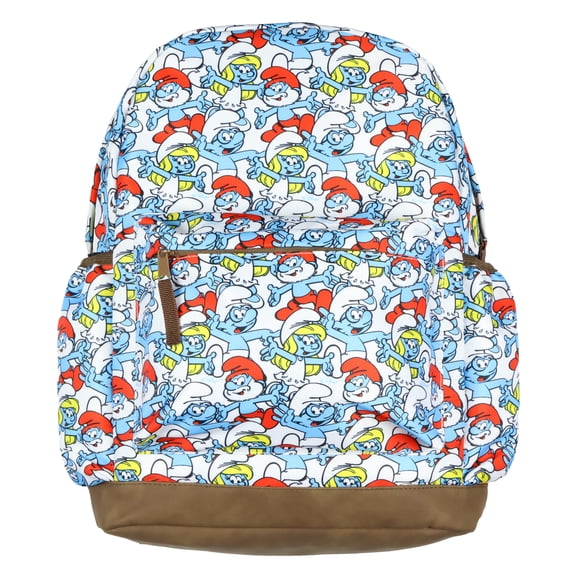 The Smurfs Backpack Papa Smurf and Smurfette Allover Collage Design Laptop Tech Sleeve School Book Bag Daypack 16"