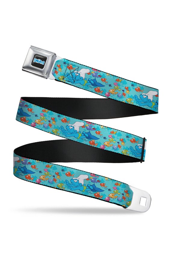 The Smurfs Belt, Seatbelt Buckle Belt, The Smurfs Swimming With Fish Blue Multi Color, Youth 22 to 32 Inches