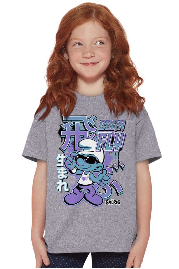 The Smurfs Cool Kanji Born Fly Crewneck T Shirts Boy Girl Teen Brisco Brands M