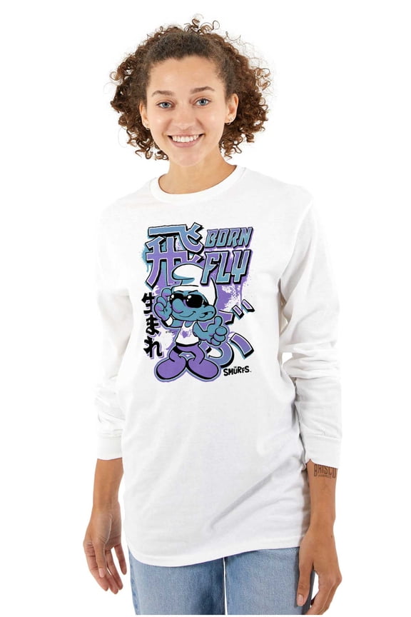 The Smurfs Cool Kanji Born Fly Long Sleeve TShirt Men Women Brisco Brands S