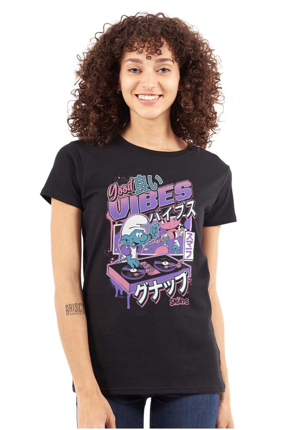 The Smurfs Cool Kanji DJ Comic Panels Women's T Shirt Ladies Tee Brisco Brands M