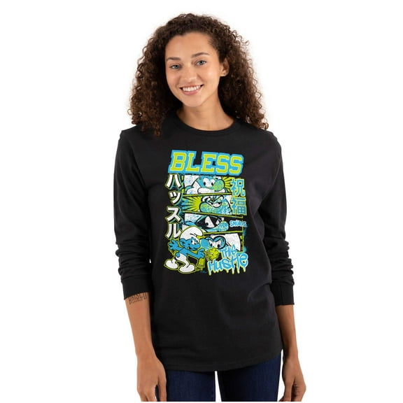 The Smurfs Kanji Bless the Hustle Long Sleeve TShirt Men Women Brisco Brands S