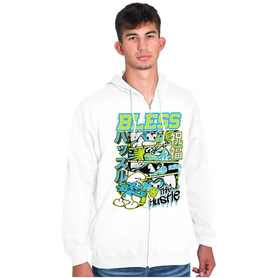 The Smurfs Kanji Bless the Hustle Unisex Plus Size Zip Hoodie Brisco Brands 3X