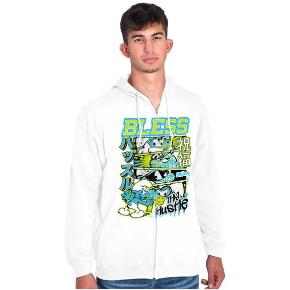 The Smurfs Kanji Bless the Hustle Unisex Plus Size Zip Hoodie Brisco Brands 5X