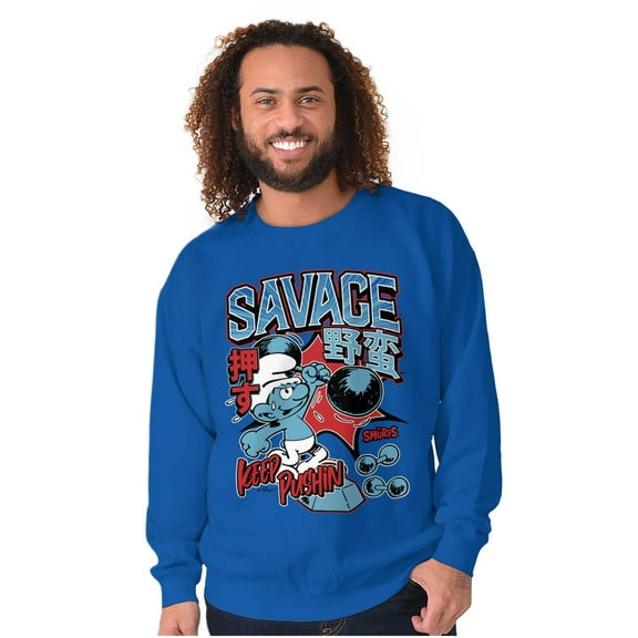 The Smurfs Kanji Keep Pushin Savage Men's Crewneck Sweatshirt Brisco Brands L
