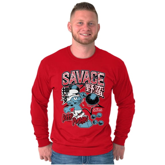 The Smurfs Kanji Keep Pushin Savage Men's Long Sleeve Tee T Shirt Brisco Brands M