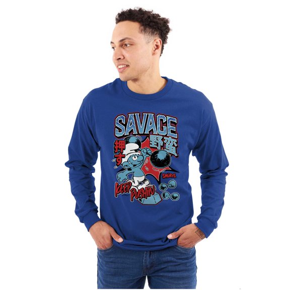 The Smurfs Kanji Keep Pushin Savage Men's Long Sleeve Tee T Shirt Brisco Brands S