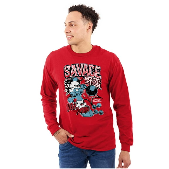 The Smurfs Kanji Keep Pushin Savage Men's Long Sleeve Tee T Shirt Brisco Brands S