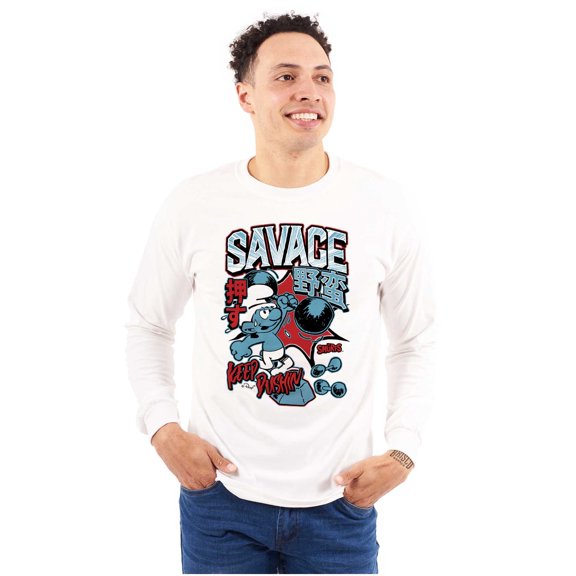 The Smurfs Kanji Keep Pushin Savage Men's Long Sleeve Tee T Shirt Brisco Brands S