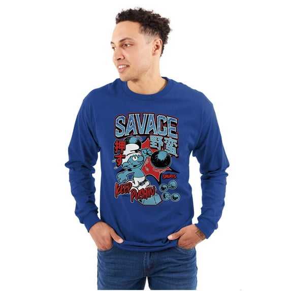 The Smurfs Kanji Keep Pushin Savage Men's Long Sleeve Tee T Shirt Brisco Brands X