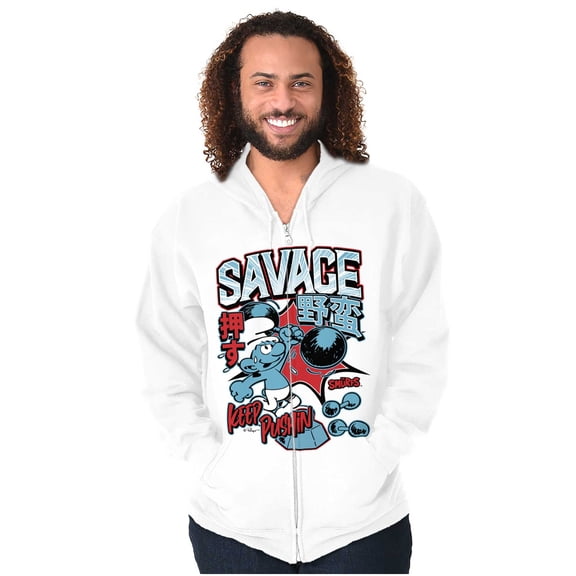 The Smurfs Kanji Keep Pushin Savage Zip Hoodie Sweatshirt Men Brisco Brands X