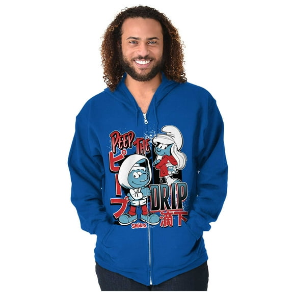 The Smurfs Kanji Peep The Drip Unisex Plus Size Zip Hoodie Brisco Brands 2X