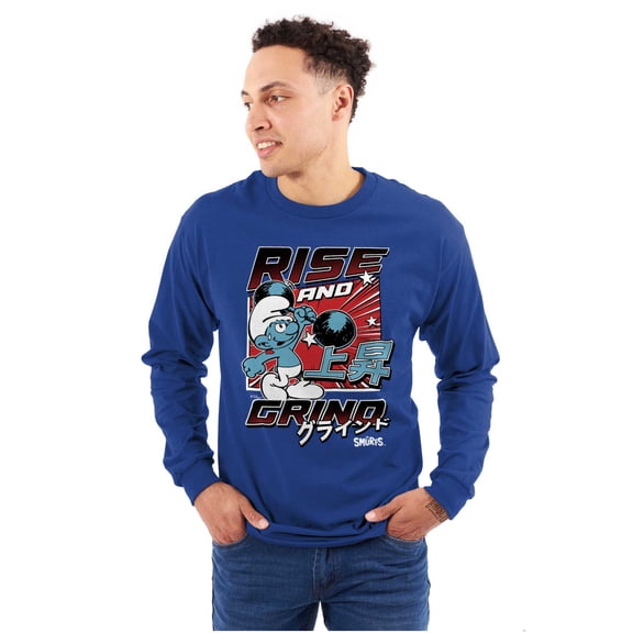 The Smurfs Kanji Rise and Grind Men's Long Sleeve Tee T Shirt Brisco Brands S