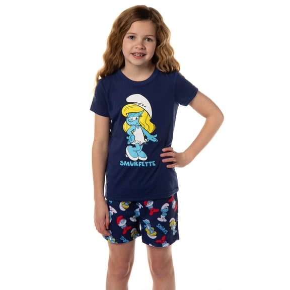 The Smurfs Smurfette Character Girls' 2 Piece Pajama Loungewear Set with Short Sleeve Sleep Shirt and Shorts Sleepwear