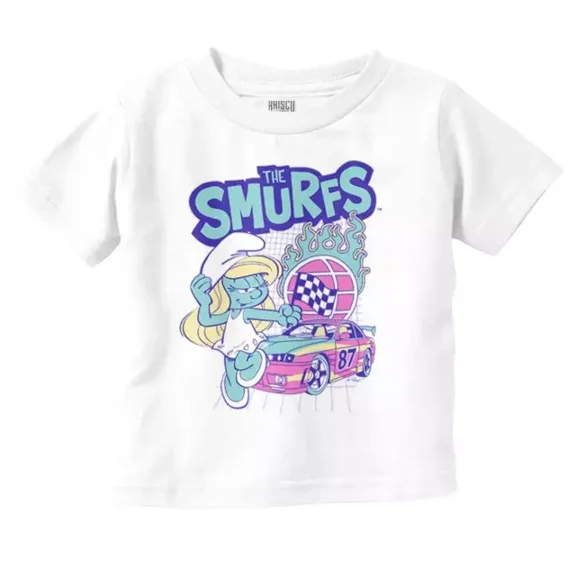 The Smurfs Smurfette Flaming Racecar Cartoon Toddler T Shirt TODDLER SHORT SLEEVE TEE BELLA CANVAS 3001T