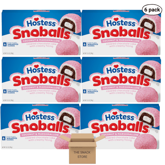 The Snack Store Bundle Hostess Snoballs, 10.5 oz, 6 Boxes of 6 Count, 36 Total Cakes! (Color May Vary by Season)