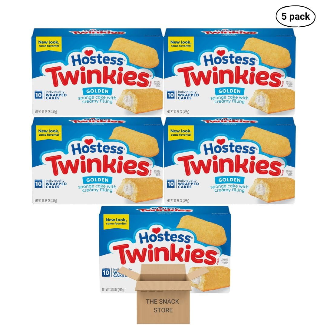 The Snack Store Bundle Hostess Twinkies Golden Sponge Cake with Creamy Filling, 13.58 oz, 5 Boxes of 10 Count, 50 Total Cakes!