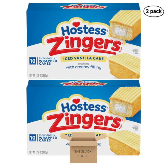 The Snack Store Bundle Hostess Zingers Iced Vanilla Cake, 12.7 oz, 2 Boxes of 10 Count, 20 Total Zingers!
