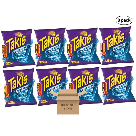 The Snack Store Bundle Takis Blue Heat, Hot Chili Pepper Rolled Tortilla Chips, Pack of 8 (3.25 Oz oz Bags)