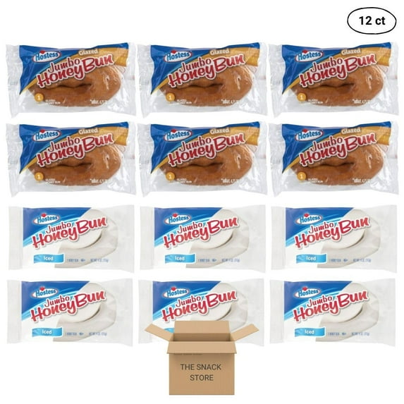 The Snack Store Variety Pack | Hostess Jumbo Honey Buns Glazed and Jumbo Honey Buns Iced 4 Ounce, 12 Total Honey Buns!