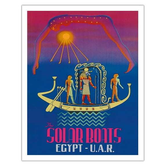 The Solar Boats - Egypt & U.A.R. (United Arab Republic) - Egyptian Sun God - Vintage Travel Poster c.1961 - Fine Art Matte Paper Print (Unframed) 11x14in