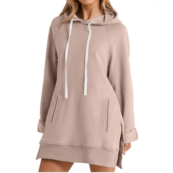 The Solid Warmy Oversized Hoodie Dress, Warmy Long Sleeve Hoodie Women's Casual Pullover Split Hem Drawstring Long Sweatshirt with Pocket